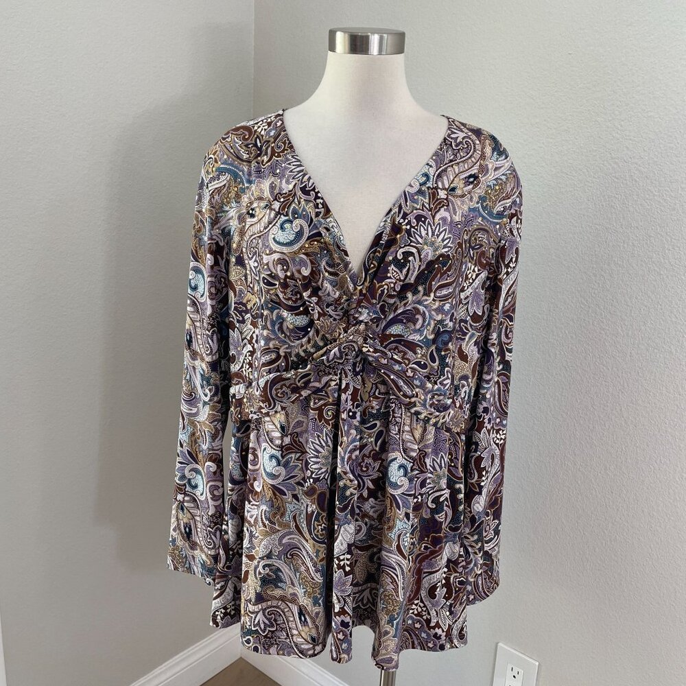 International Concepts Woman Plus 2X Paisley V Neck Long Sleeve‎ Top Stretch